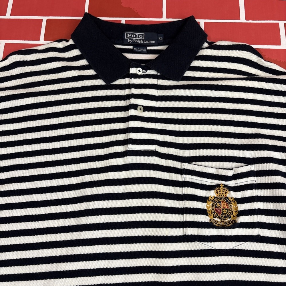 Polo Ralph Lauren Crest Polo Shirt Mens XL Black Striped Embroidered Pocket